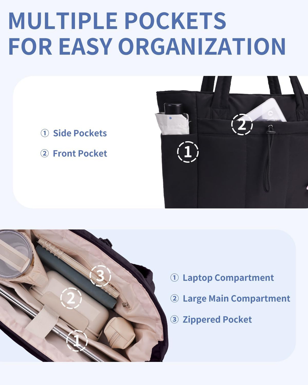 Women's stylish solution for organization: quilted puffer tote.
