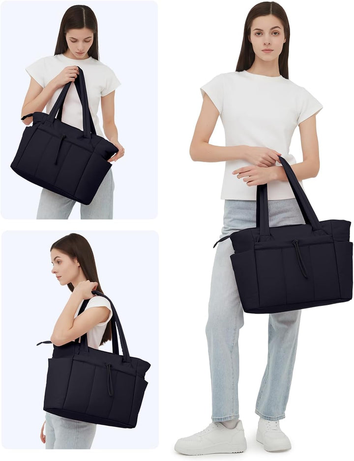 Women's travel essential: quilted puffer tote, secure & easy to carry.
