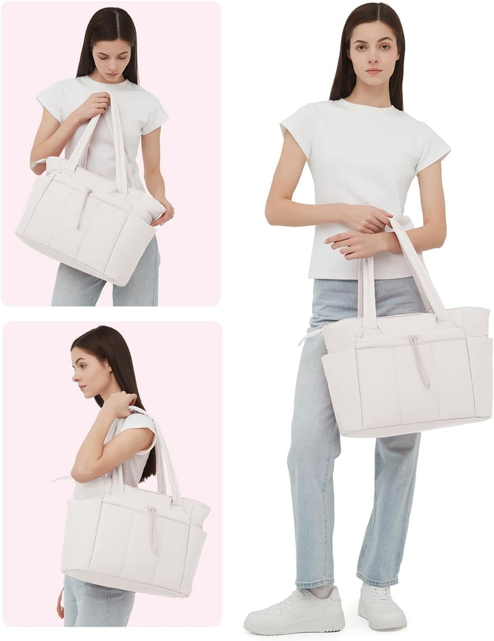Everyday women's tote bag, quilted puffer material, practical with cup holder.