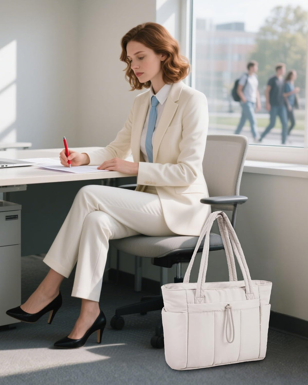 Chic women's puffer shoulder bag with a dedicated laptop sleeve.