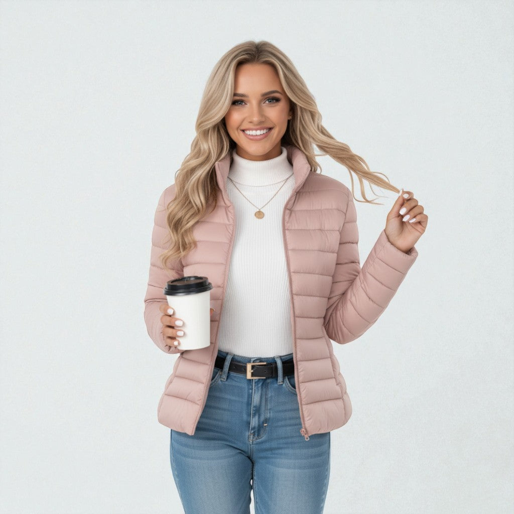 Versatile women's quilted lightweight jacket with a stand collar, great for everyday casual wear & layering.