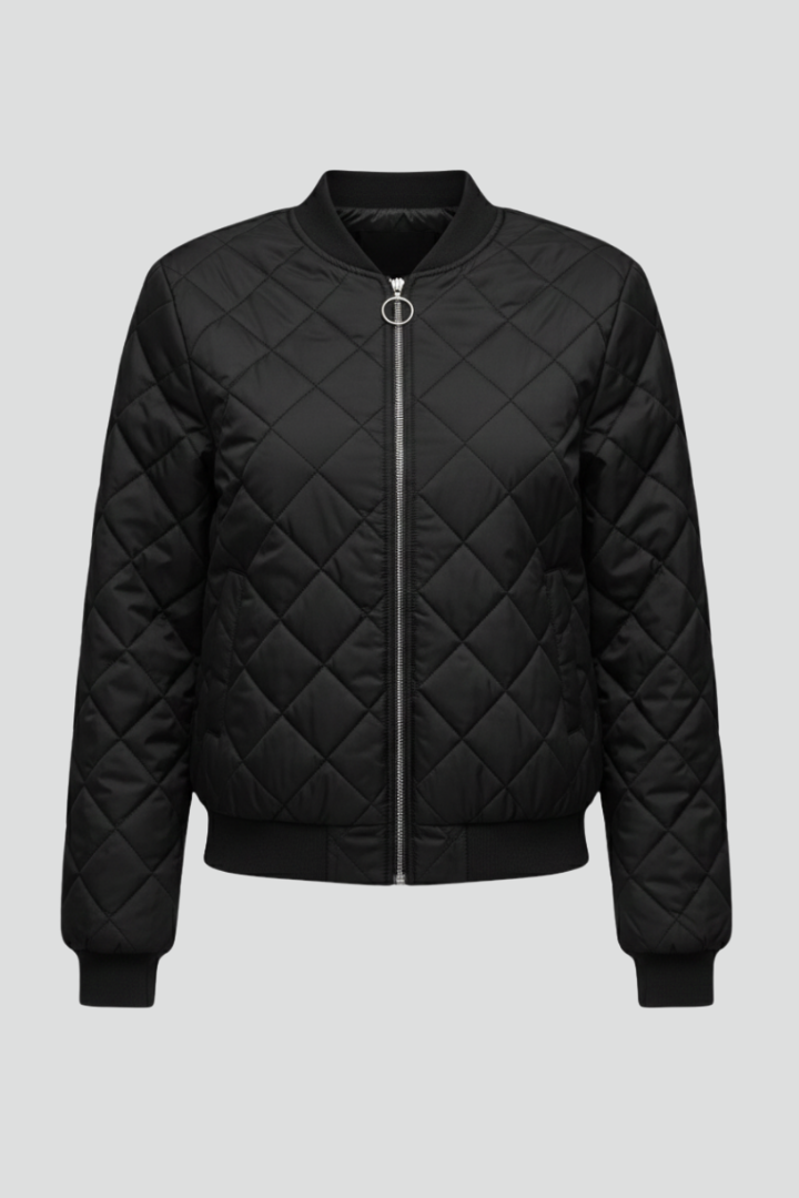 Women's quilted zip jacket in black, perfect for effortless autumn/spring style and everyday comfort.