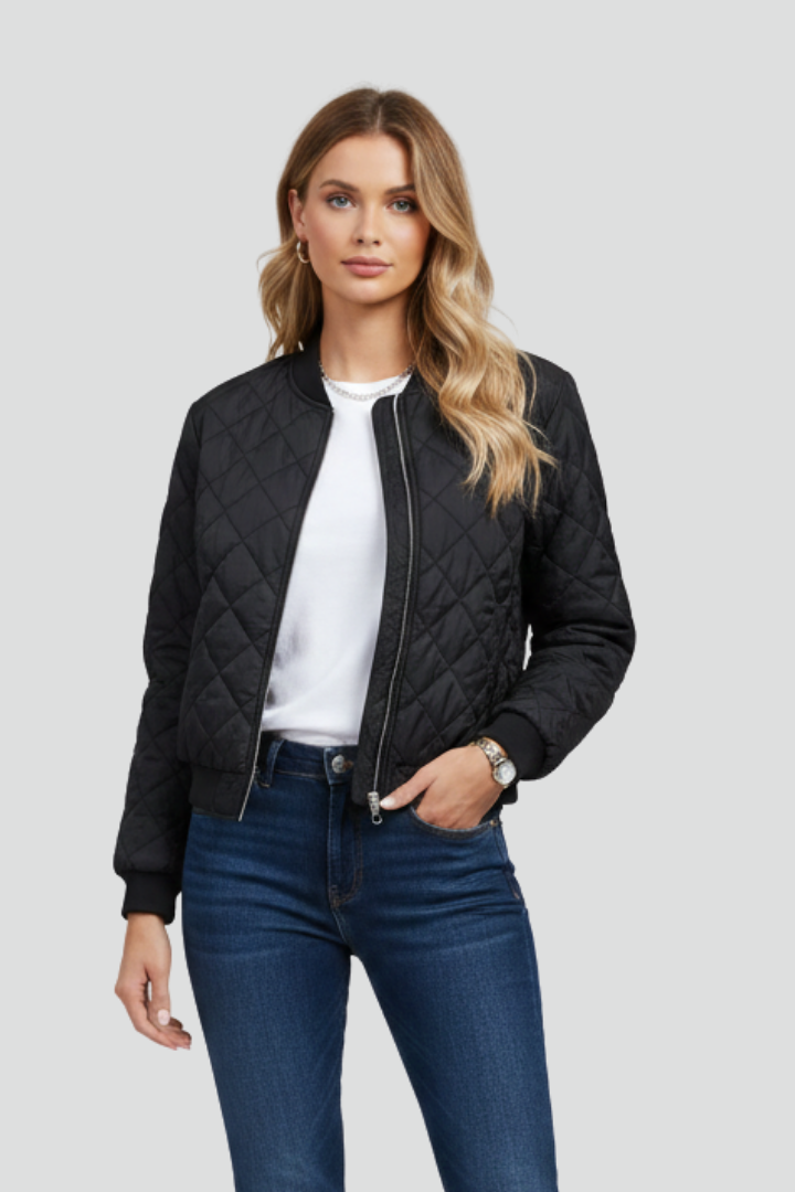 Stylish women's quilted zip jacket, ideal as a layering piece for casual outerwear and comfortable everyday wear.
