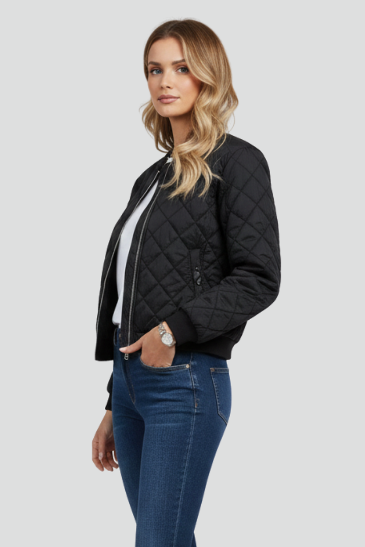 Chic women's casual quilted zip jacket, versatile for various outfits and perfect for cool weather comfort.