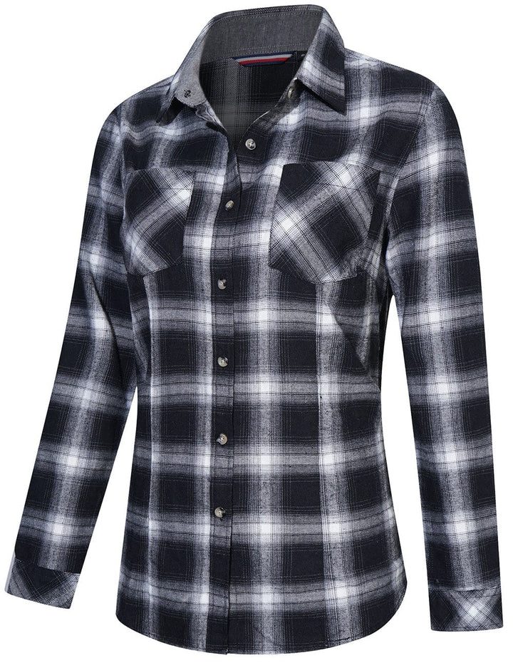 Detail of the buttons on a women's plaid flannel shirt, high-quality cotton fabric