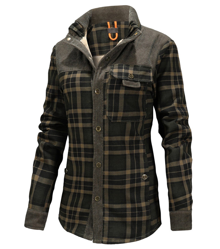 Front view of a women's buffalo plaid flannel jacket with button closure and pockets, casual outerwear.