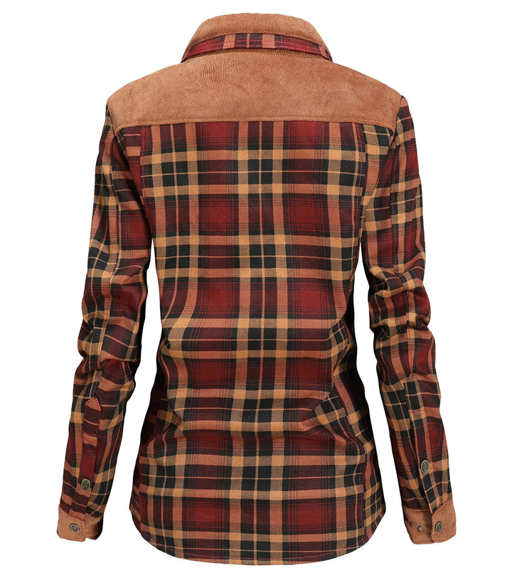 Side profile of a women's comfortable long-sleeve plaid flannel jacket, casual and stylish.