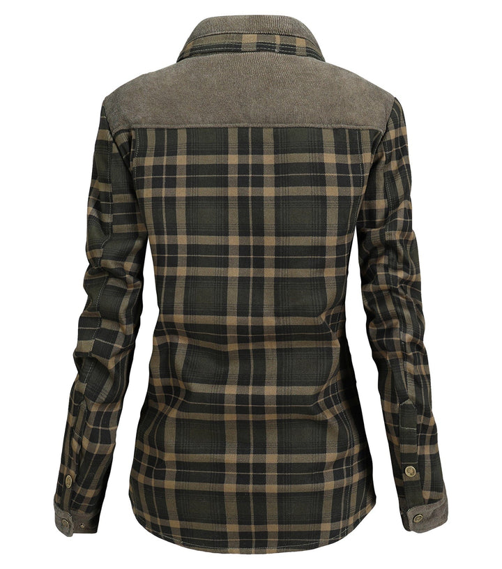 Hanging women's classic plaid flannel jacket, ready for autumn and winter fashion.