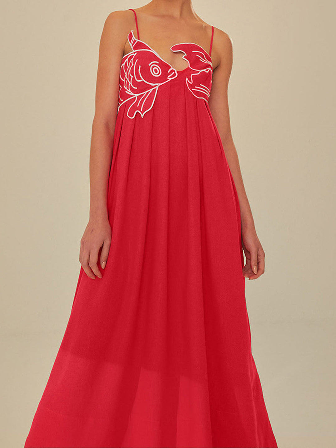 Red embroidered maxi shift dress for women, featuring spaghetti straps. Ideal for resort wear & summer fashion.