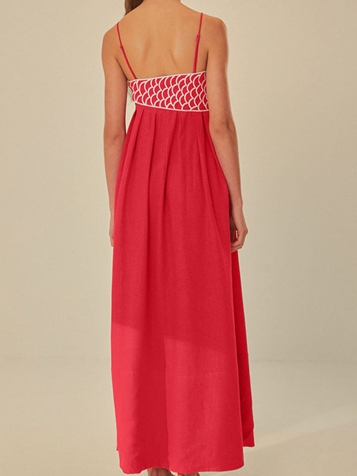 Flowing women's embroidered maxi shift dress with spaghetti straps. Ideal for summer casual outings or beach days.