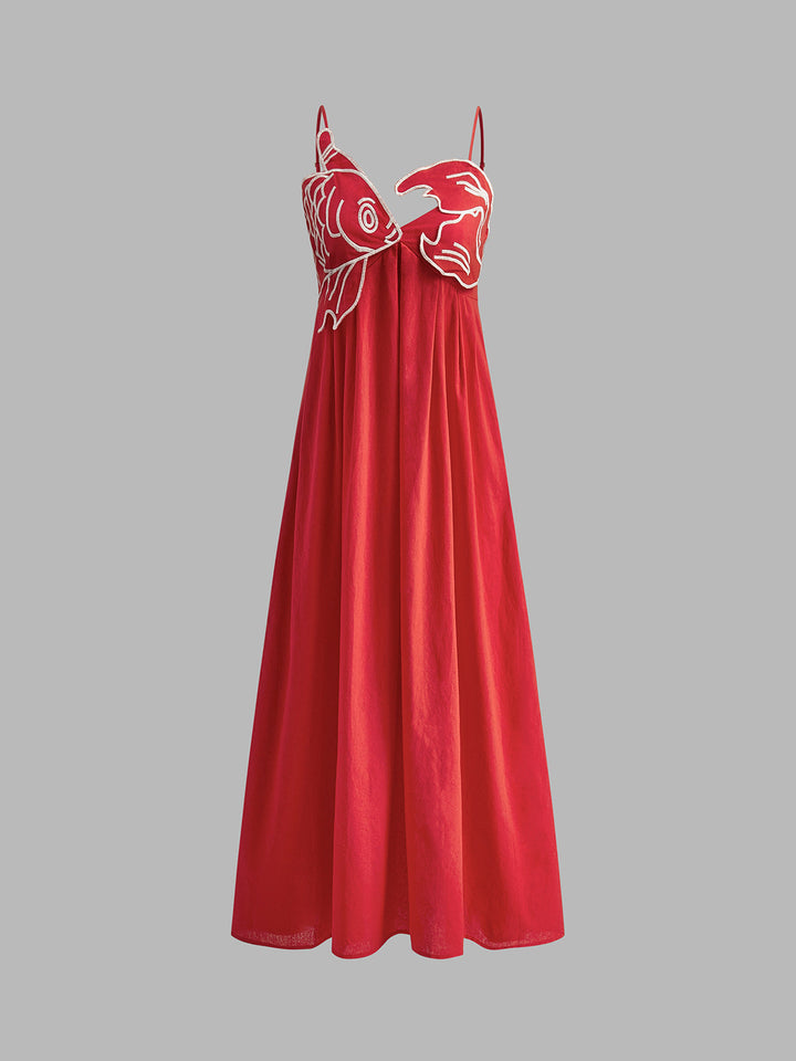 Women's embroidered maxi shift dress, red or black, with spaghetti straps. Versatile for summer, beach, or resort.