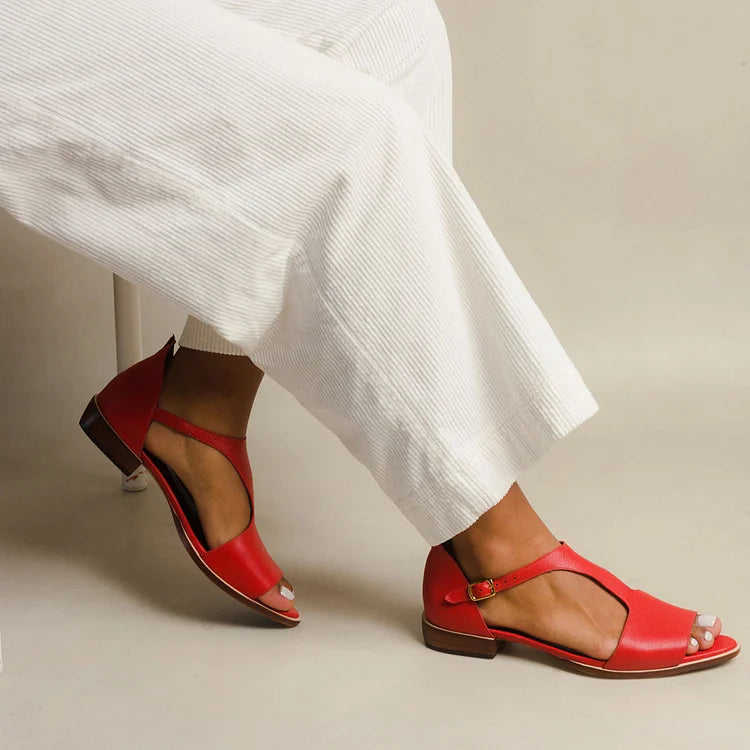 Women's red flat casual sandals for comfortable everyday wear, perfect for warm weather & summer.