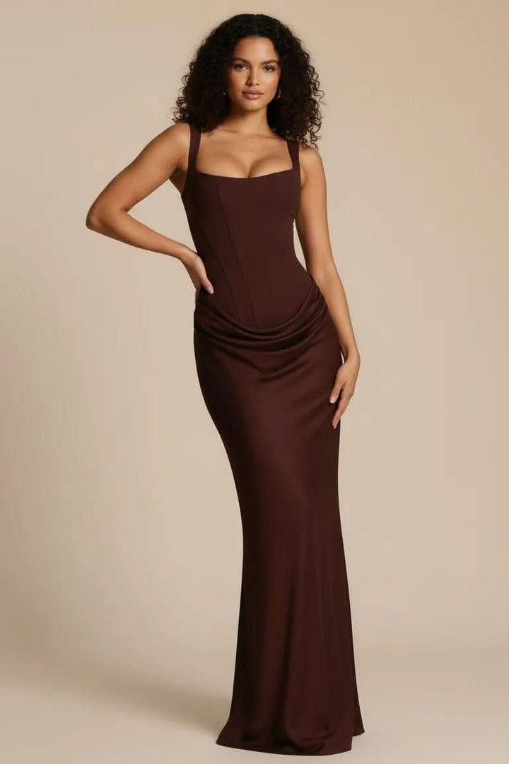 Brown Women's Refined Grace tailored midi dress, offering elegant style for formal daytime or evening.