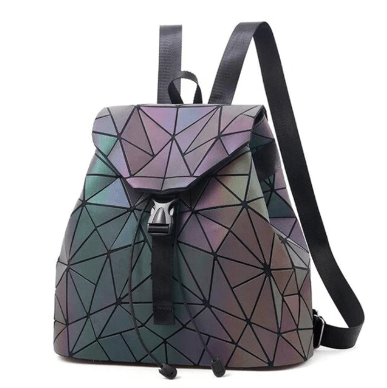Women's fashion accessory: geometric reflective backpack with luminous color-changing panels.