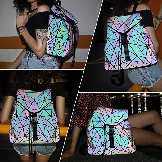 Stylish & practical women's reflective backpack, geometric color-changing luminous design.