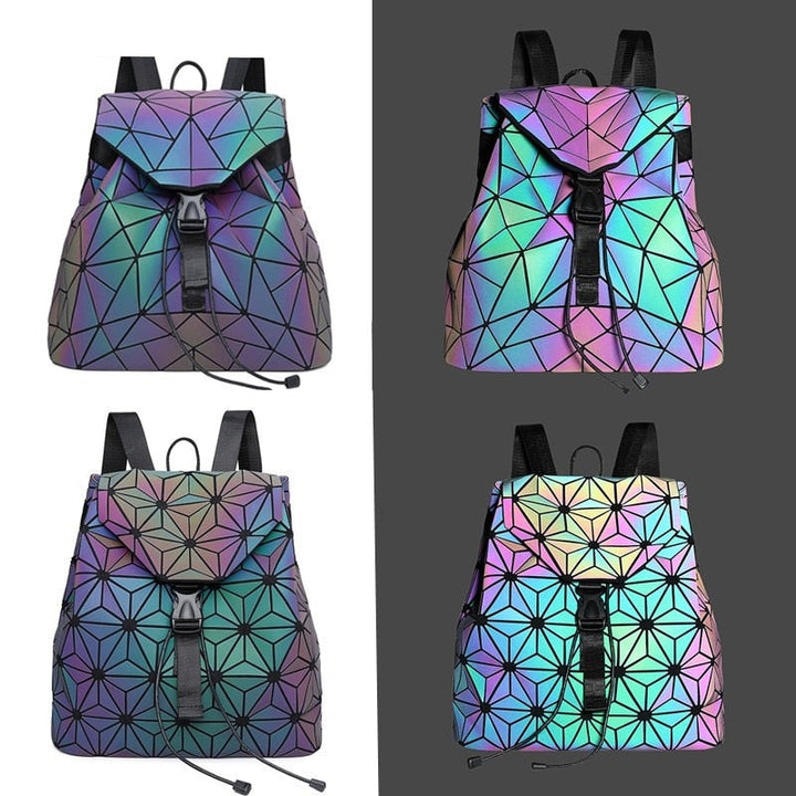 Versatile women's geometric reflective backpack, luminous, color-changing, & fashionable.