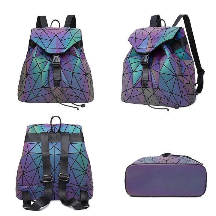 Bold women's reflective geometric backpack, color-changing for a unique fashion statement.