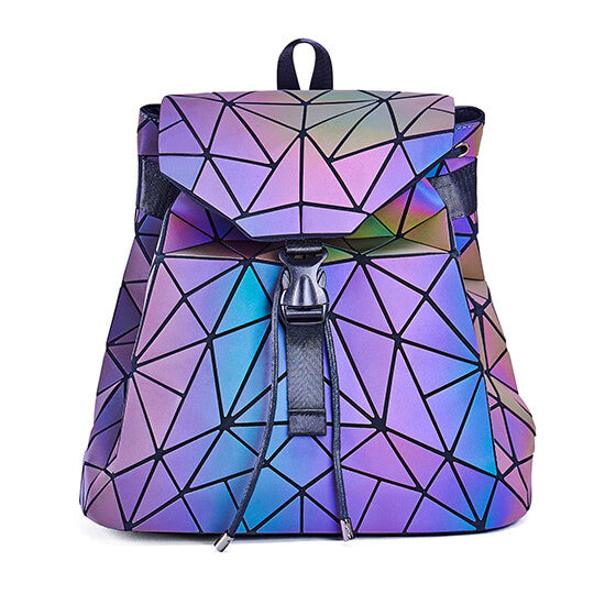 Spacious women's reflective geometric backpack, luminous color-changing for everyday carry.
