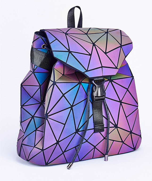 Luminous geometric backpack for women, reflective material ensures night safety & fashion.