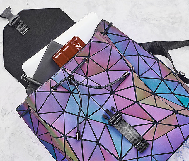 Everyday carry women's backpack, geometric reflective design, color-changing & luminous.