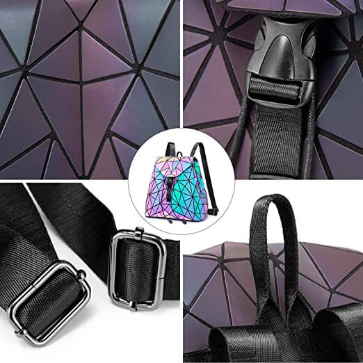 Unique style women's geometric backpack, reflective & color-changing luminous material.