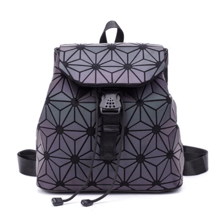 Front view: Women's reflective geometric color-changing fashion backpack, luminous.