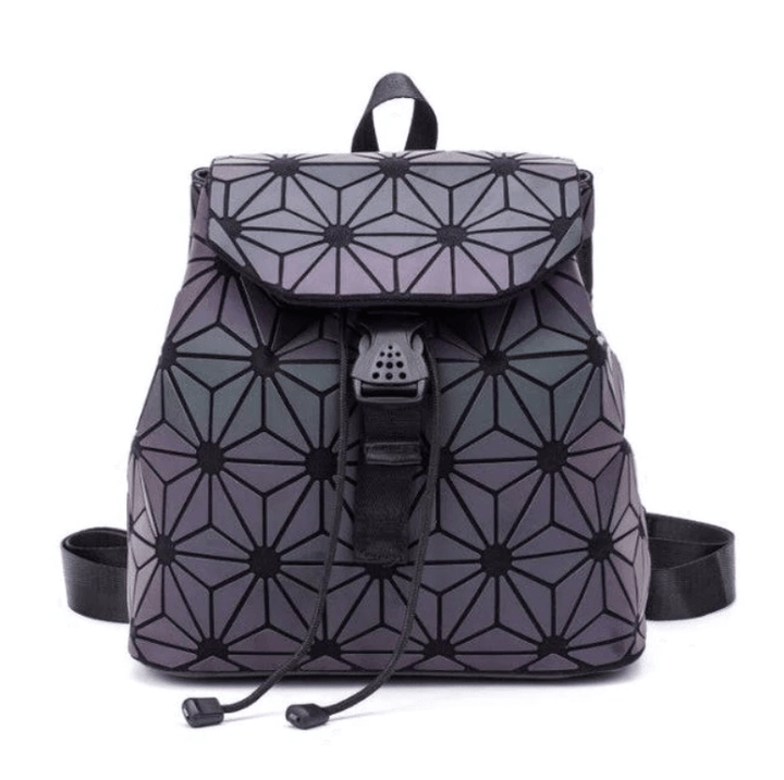 Front view: Women's reflective geometric color-changing fashion backpack, luminous.