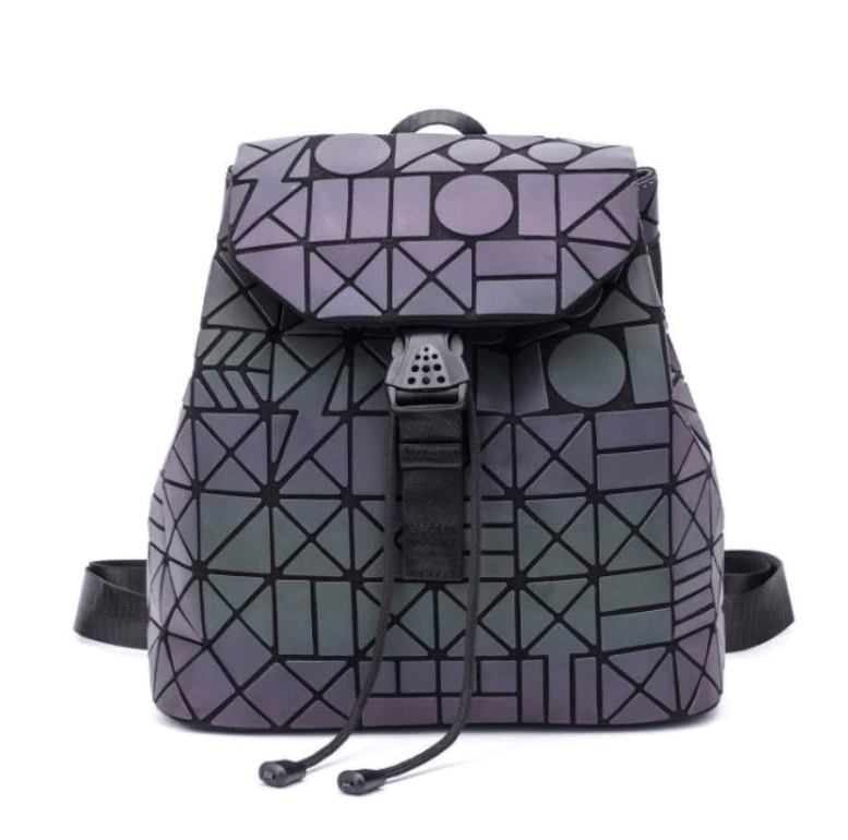 Women's reflective geometric backpack, changing colors with light, perfect for night safety.