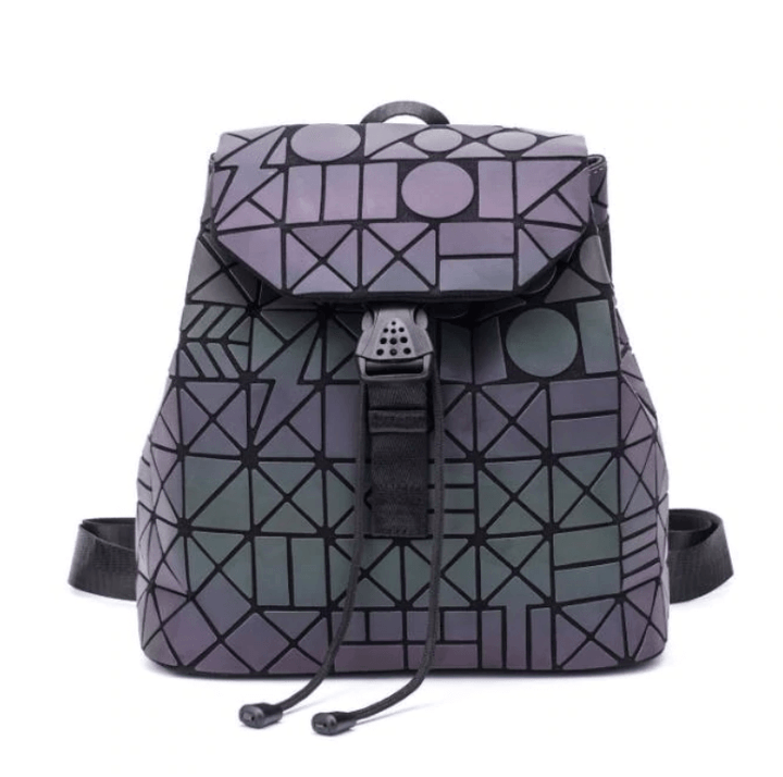 Women's reflective geometric backpack, changing colors with light, perfect for night safety.