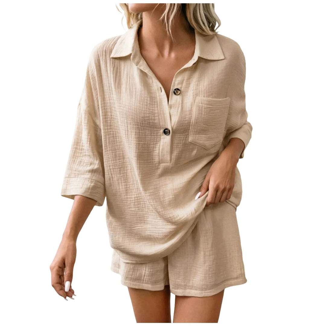 Women's relaxed fit beach short set for effortless summer vacation & casual warm weather style.