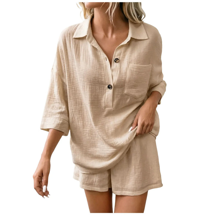 Women's relaxed fit beach short set for effortless summer vacation & casual warm weather style.