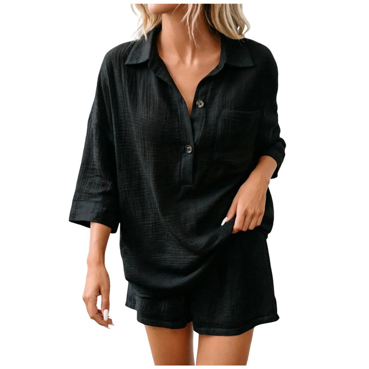 Comfortable women's co-ord short set with relaxed fit. Ideal casual summer outfit & beach vacation wear.