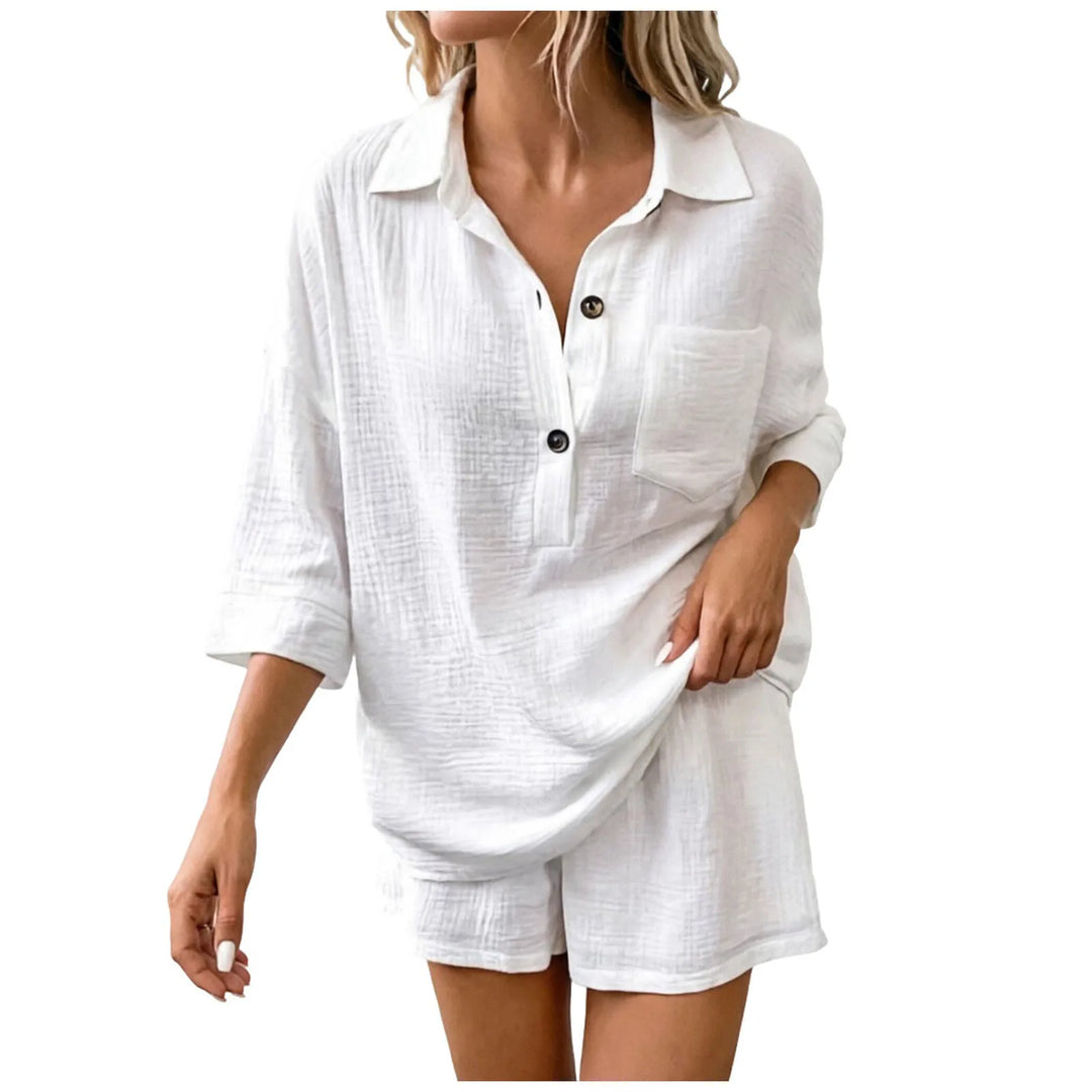 Effortless women's relaxed fit short set, a two-piece summer outfit with a collared top & comfortable shorts.