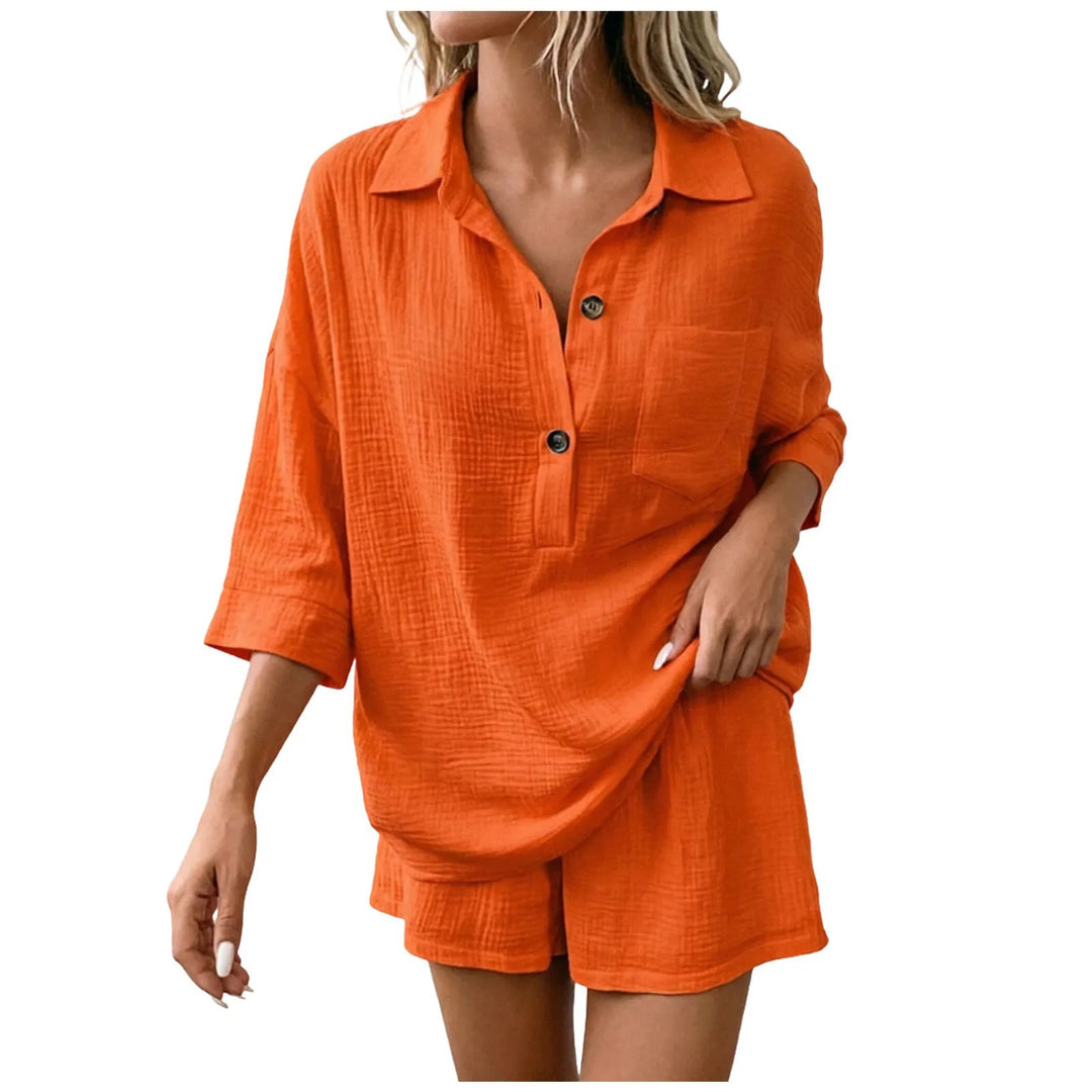 Stylish women's relaxed fit beach short set, perfect for casual summer days, vacation, and resort wear.