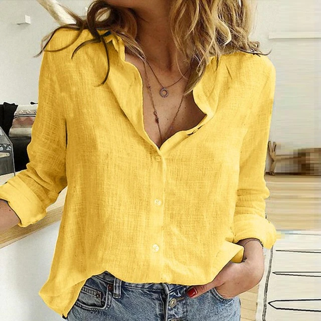 Women's relaxed fit blouse with classic point collar, long sleeves, button-down front. Versatile workwear.
