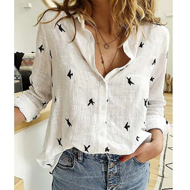 Stylish women's relaxed fit blouse, point collar, long sleeves. A comfortable & chic layering top.