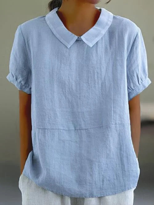 Women's relaxed fit blouse with Peter Pan collar & short sleeves. Casual vintage style summer top.