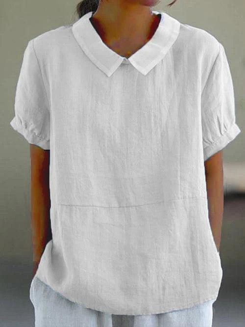 Pink Peter Pan collar blouse for women. Relaxed fit, short sleeve, vintage style casual summer top.