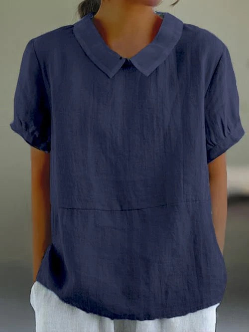 Fuchsia women's Peter Pan collar blouse. Comfortable relaxed fit short sleeve top, great for summer.