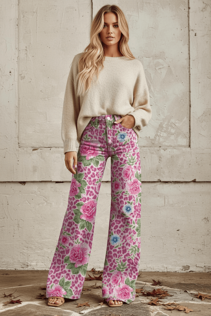 Women's patterned denim, relaxed fit, breathable, offering a comfortable and stylish look.