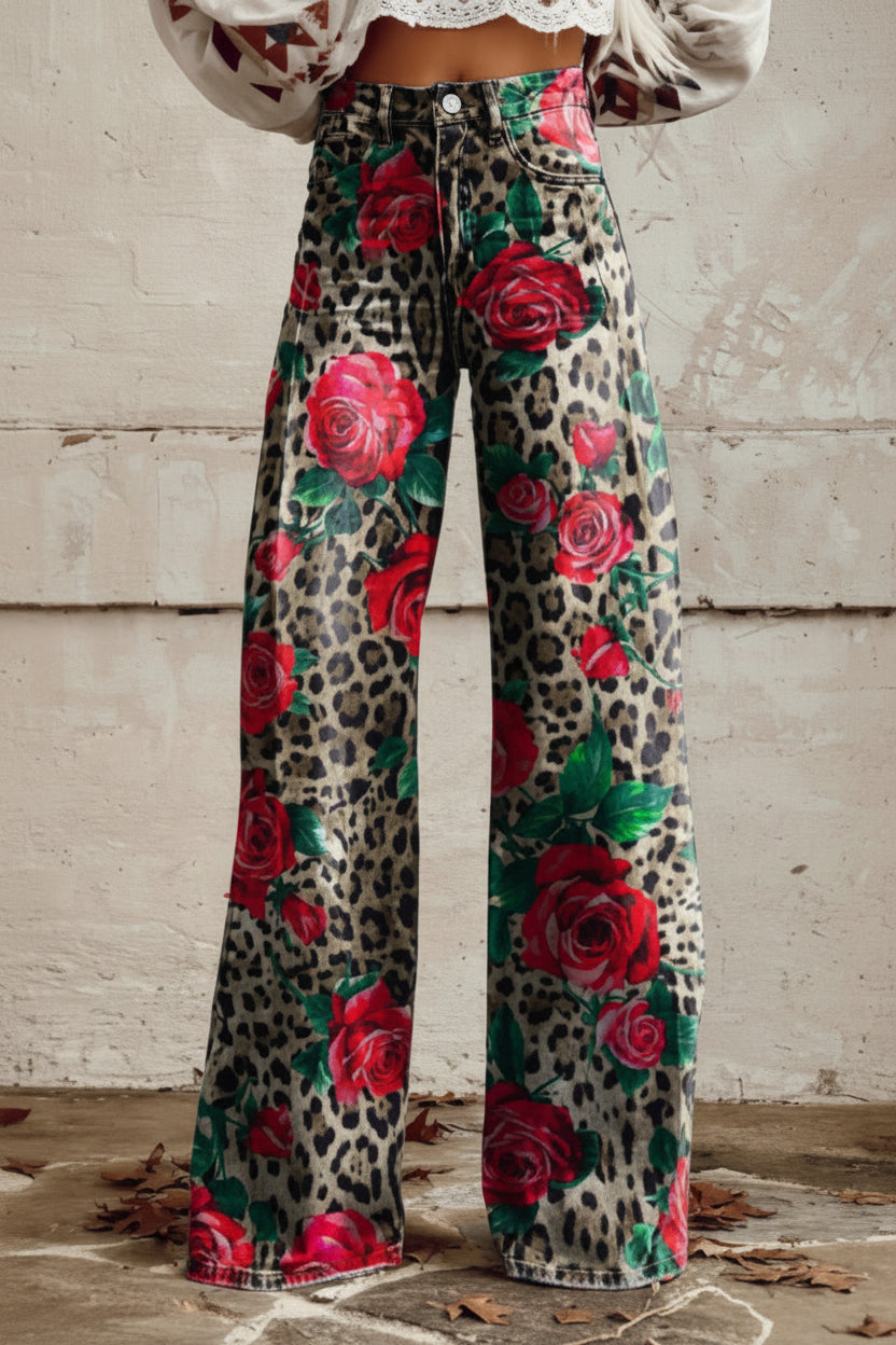 Women's comfortable floral patterned relaxed fit jeans, breathable and stylish for casual outings.