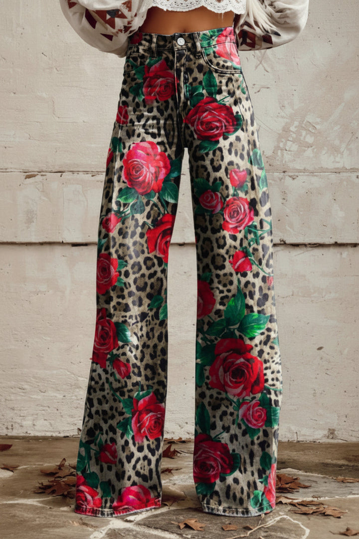 Women's comfortable floral patterned relaxed fit jeans, breathable and stylish for casual outings.