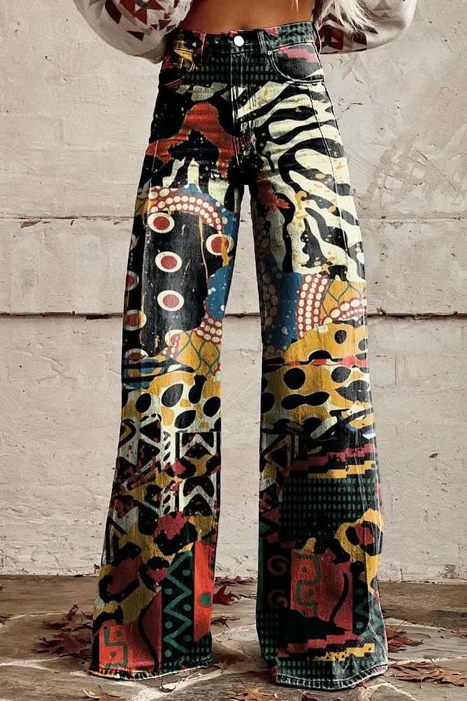 Women's patterned relaxed fit jeans with a stylish floral print, breathable & casual.
