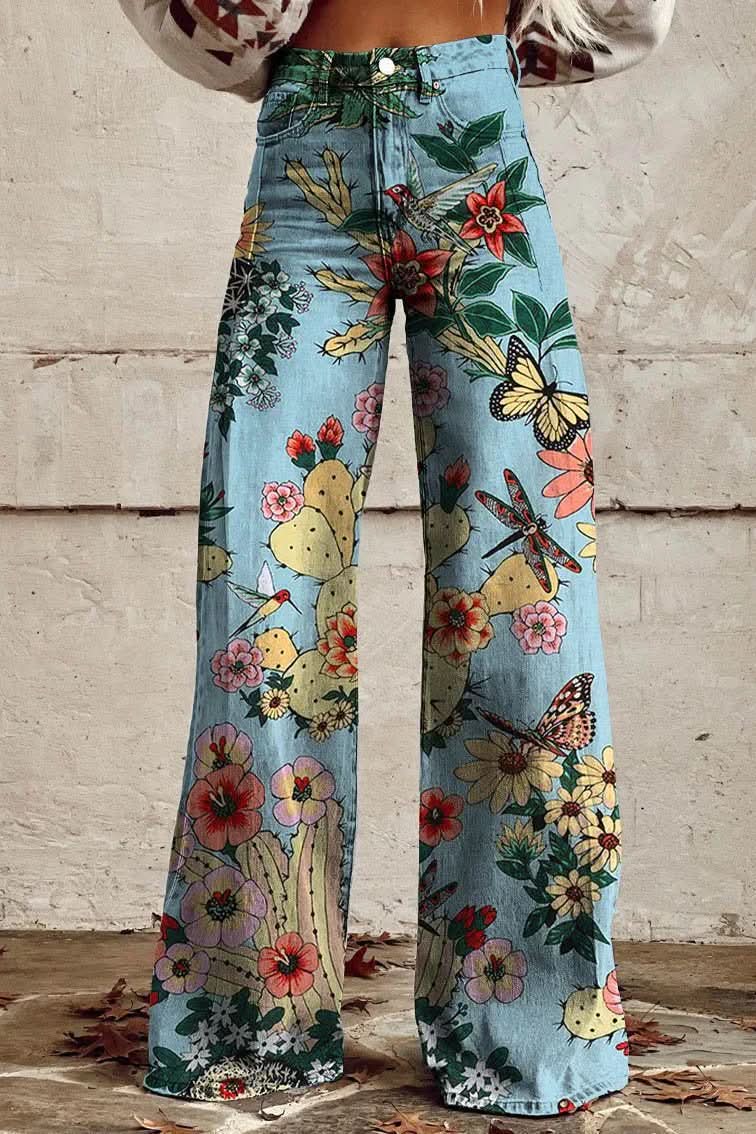 Stylish women's relaxed fit jeans featuring a unique floral pattern, breathable for casual wear.