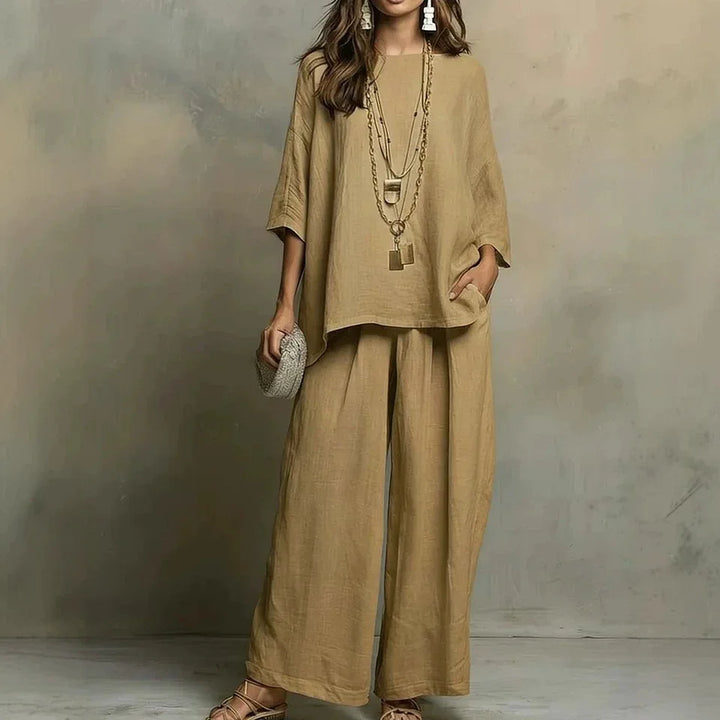 Women's relaxed fit breathable wide-leg pant set, a comfortable two-piece outfit perfect for summer casual wear.