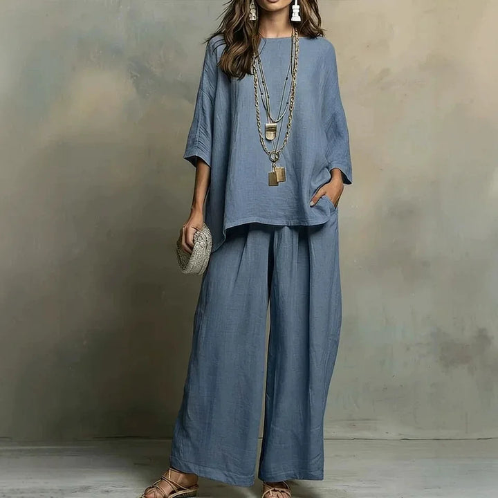 Stylish women's wide-leg pant set, a breezy two-piece for relaxed summer fashion or comfortable travel outfits.