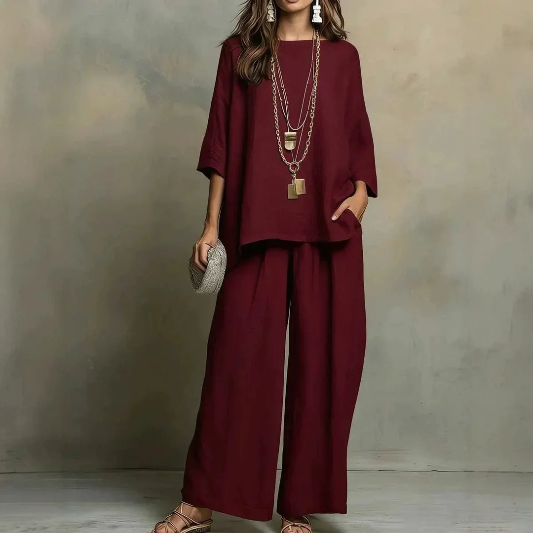 Comfortable women's matching pant set with a relaxed fit and wide legs, ideal for casual summer style.