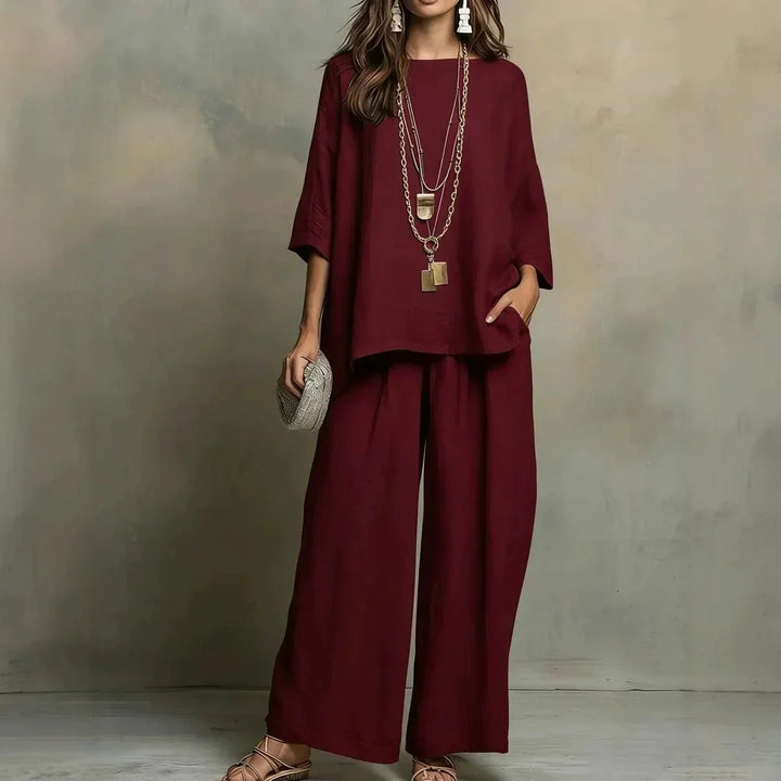 Comfortable women's matching pant set with a relaxed fit and wide legs, ideal for casual summer style.