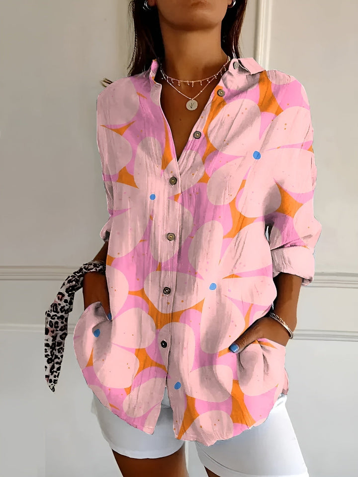 Versatile women's relaxed fit blouse, button-down, V-neck, long sleeve. Great for casual wear & work.
