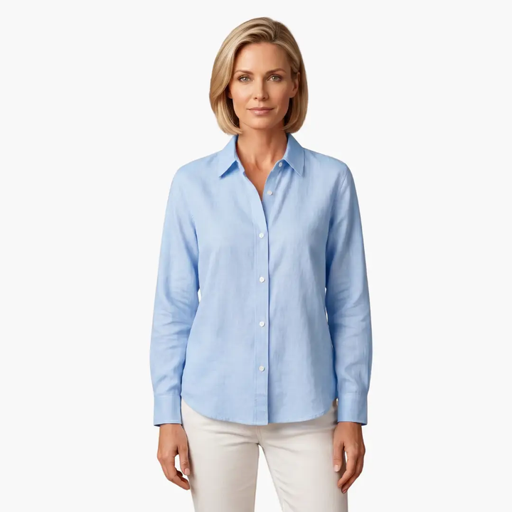 Elegant women's relaxed fit long sleeve button up blouse, perfect for versatile office or casual styling.